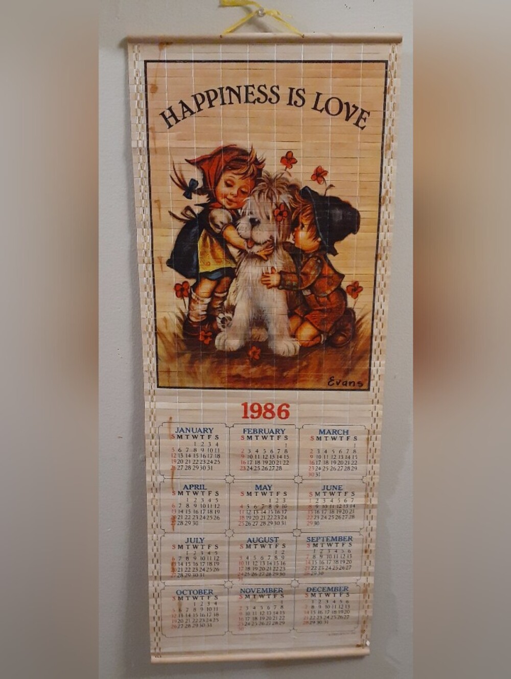 Vintage 1986 Wall Calendar Panel "Happiness Is Love"